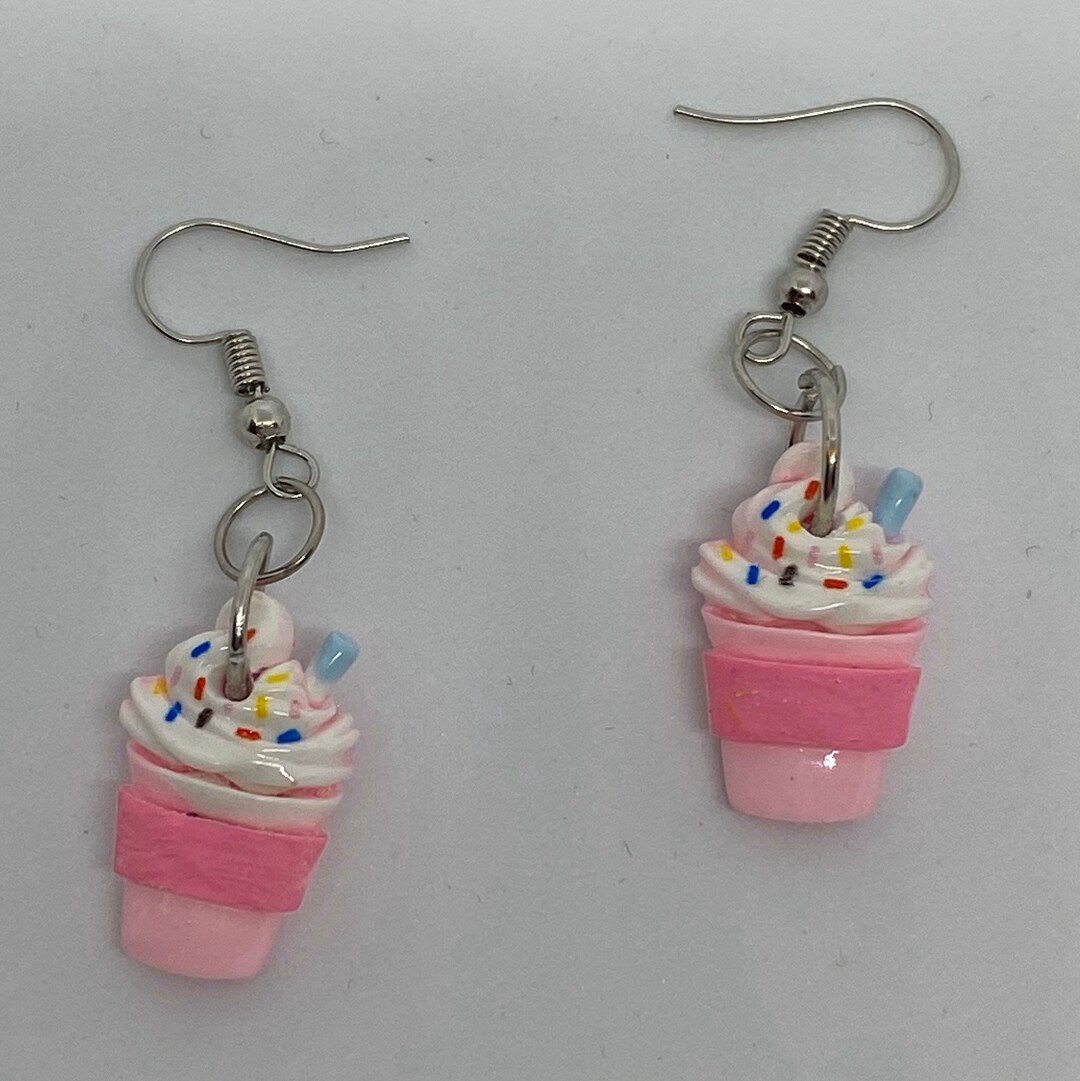 Cute Pink Drink With Cream and Sprinkles Charms Acrylic Earrings Q008