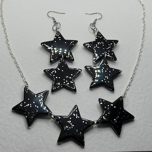Black Star earrings and necklace set, pick your colour and length of earrings , each star 3.5 cm goth