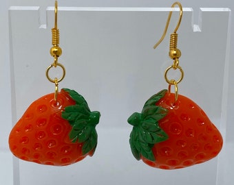 Half strawberry Kitch fruit charm red earrings silver colour hooks large