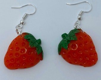 Half strawberry Kitch fruit charm red earrings silver colour hooks large
