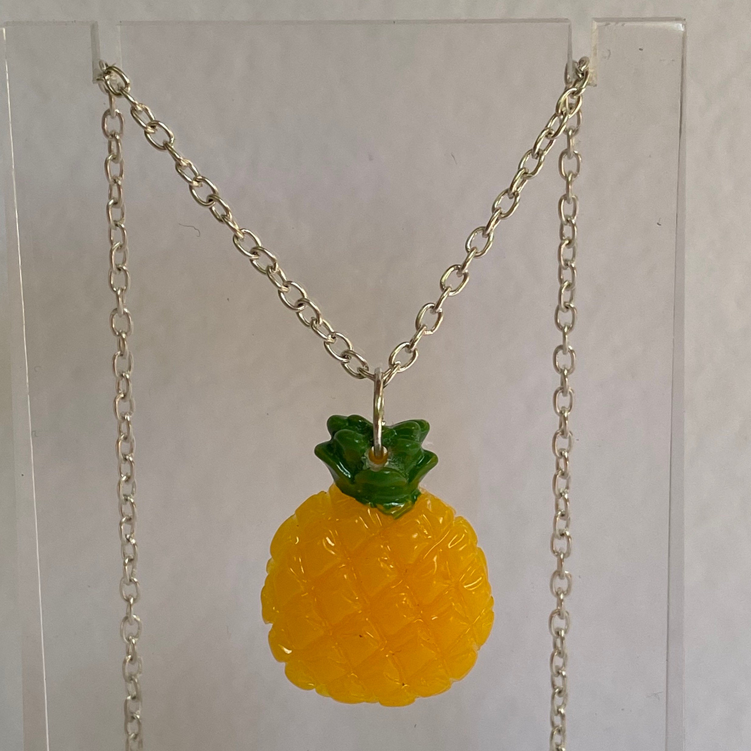 Small Yellow Pineapple Acrylic Necklace Chain in Silver or photo