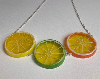 Oversized Triple fruit orange lemon lime necklace pendant silver colour chain