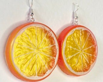 Extra large Kitch fruit charm acrylic orange slice earrings silver or gold colour hooks 8 cm long