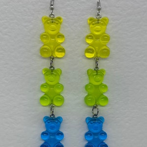 Yellow green blue , Extra Large Gummy Gummi Bear Earrings Fun G304 Pastel Large Resin 13 cm Long