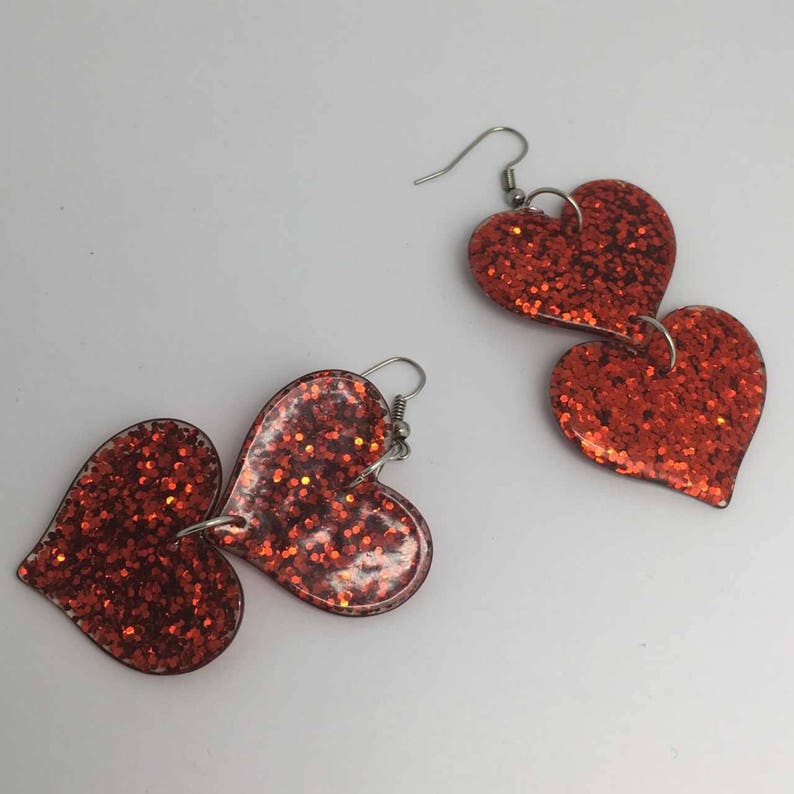 Double red oversized heart Glitter Charms Acrylic Earrings Kitsch Fun 8 cm Long