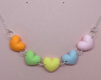 Pastel rainbow heart necklace , pendant silver colour chain valentines 20 inches long