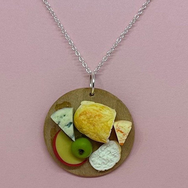 Round bread and Cheese board necklace pendant , unusual charm on a chain, 18 inches