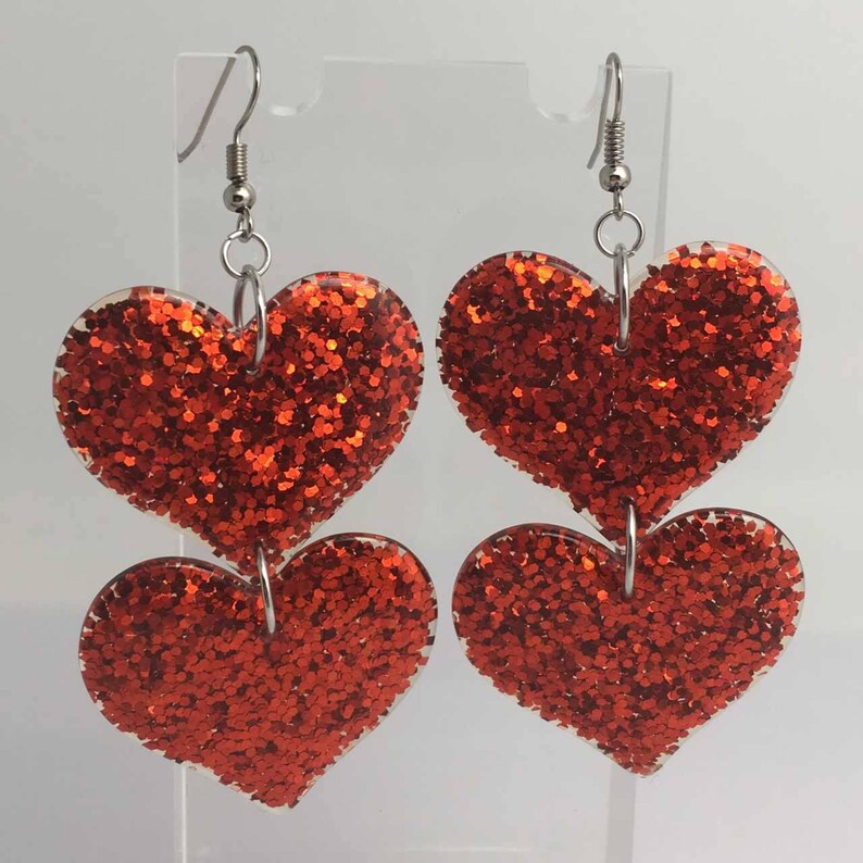 Double red oversized heart Glitter Charms Acrylic Earrings Kitsch Fun 8 cm Long