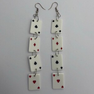 Boucles d'oreilles cartes à jouer, 7 cm - 12,5 cm de long, as de coeur trèfle diamant pique