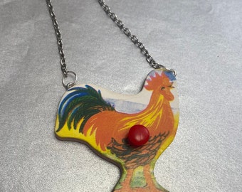Wooden rooster chicken cartoon vintage toy necklace pendant. Large 22 inches Long farm ' animal