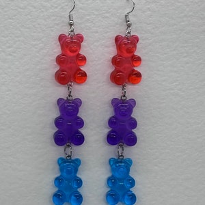 Red purple blue , Extra Large Gummy Gummi Bear Earrings Fun G304 Pastel Large Resin 13 cm Long