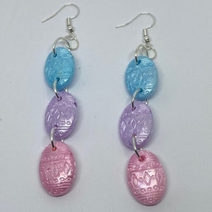 Pastel kawaii Easter blue purple pink egg earrings ,silver colour hooks 9.5 cm long bonnet large