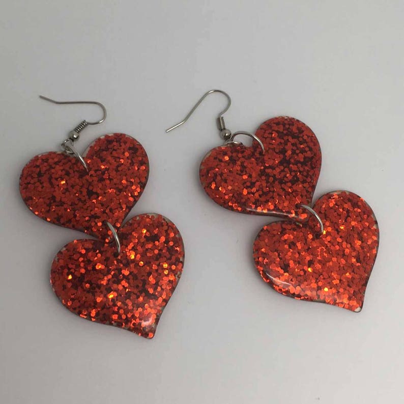 Double red oversized heart Glitter Charms Acrylic Earrings Kitsch Fun 8 cm Long