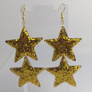 Double gold or holo gold , oversized Star Glitter Charms Acrylic Earrings D204 Kitsch Fun 10cm Long., Jess star