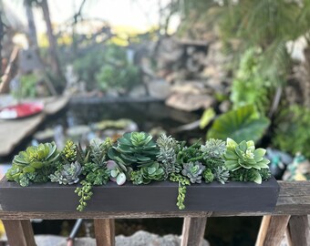 24 x 5 inch Faux succulent arrangement in bronze planter box realistic succulents