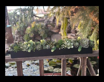 32” x 4 Large faux succulent arrangement black planter box realistic succulents in metal planter