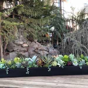 46 x 5” wide x 6” Large faux succulent arrangement in wood planter box painted black realistic succulents