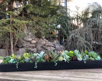46 x 5” wide x 6” Large faux succulent arrangement in wood planter box painted black realistic succulents