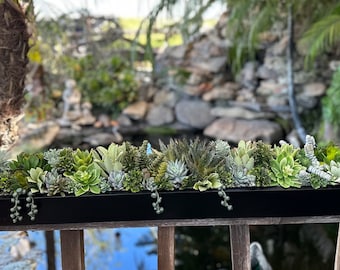 46 x 6 wide x 6” tall Large faux succulent arrangement in wood planter box painted black realistic succulents
