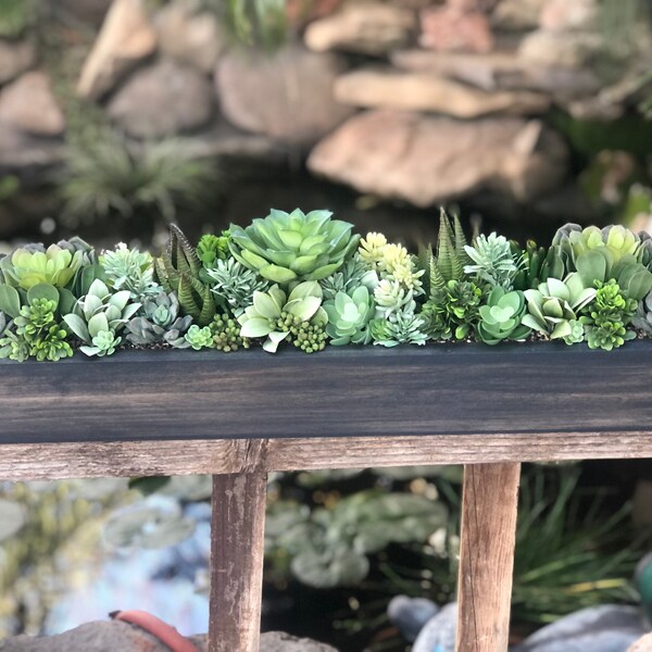 24"  in a gray stained  planter box realistic succulents 24 inch