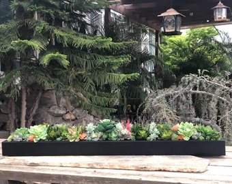 40” Large faux succulent arrangement in black planter box realistic succulents.