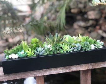24 x 5” wide Large faux succulent arrangement planter box realistic succulents in a matte black wood planter box.