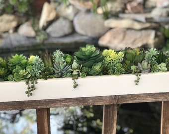 Large faux succulent arrangement white planter box realistic succulents