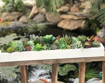 30 x 5" Large faux succulent arrangement in white wood planter box realistic succulents