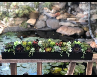 30” deep purple Large faux succulent arrangement planter box realistic succulents in wood planter