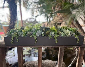 Large 30 x 6 x 7-8” high faux succulent arrangement planter box realistic succulents in anodized bronze box