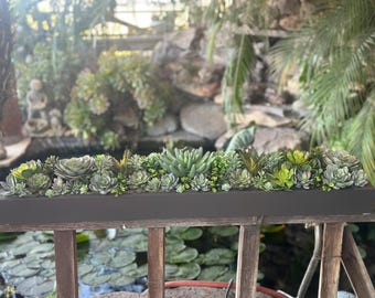 35 x 6 inch Faux succulent arrangement bronze planter box realistic succulents