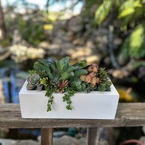 12 inch faux succulent arrangement  in wood planter box planted white with realistic succulents