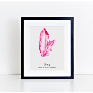 Può includere: Stampa incorniciata con un'illustrazione ad acquerello di un cristallo di rubino rosa. L'opera d'arte è ambientata su uno sfondo grigio chiaro, con la parola "Ruby" e il testo sottostante. La cornice è nera.