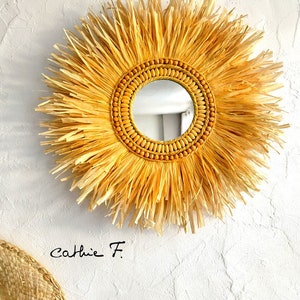 Small ethnic raffia mirror DOMINTA gold 40