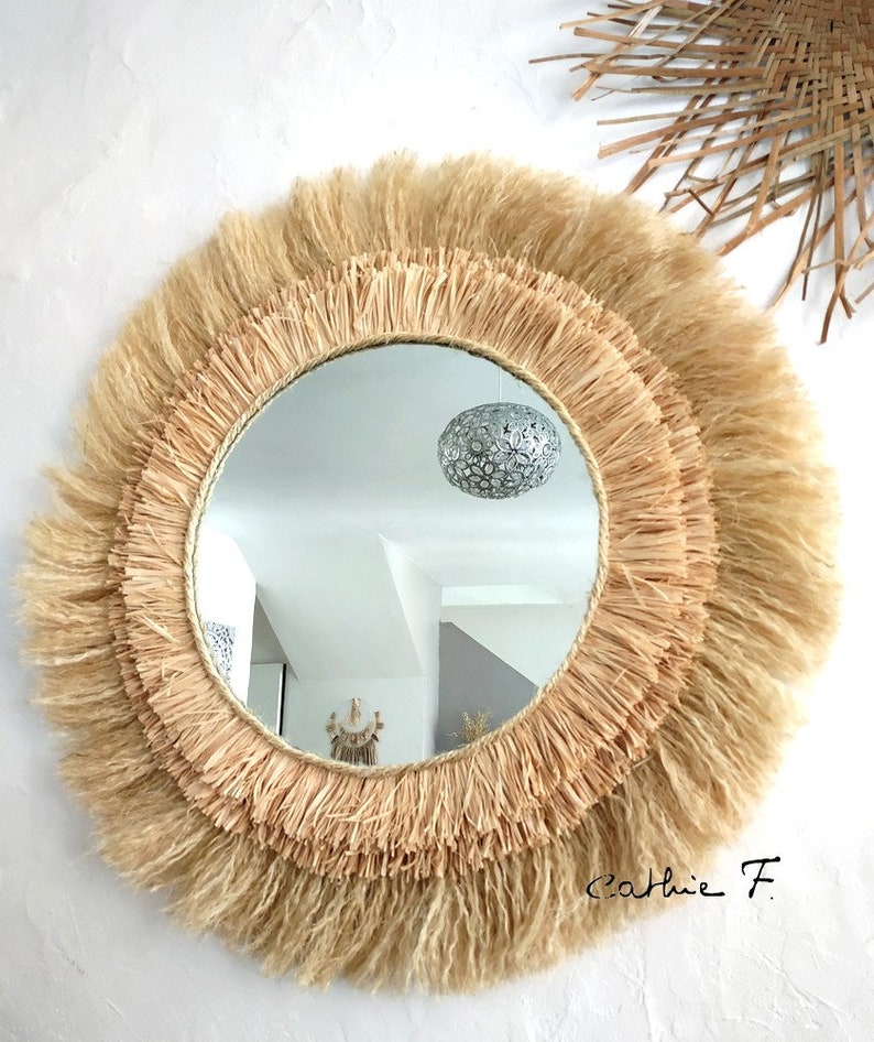 Large ethnic raffia mirror SOLEIA 80 image 3