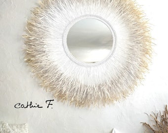 Grand miroir ethnique blanc bicolore raphia LINE 120