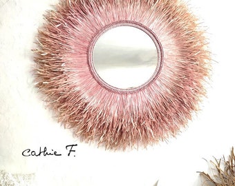 Large ethnic two-tone bleached pink raffia mirror LINE 120