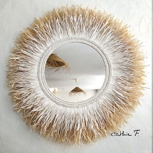 Large ethnic white two-tone raffia mirror LINE 95