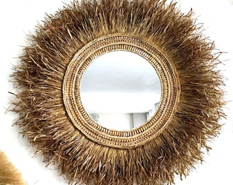 Large ethnic raffia mirror AMBER