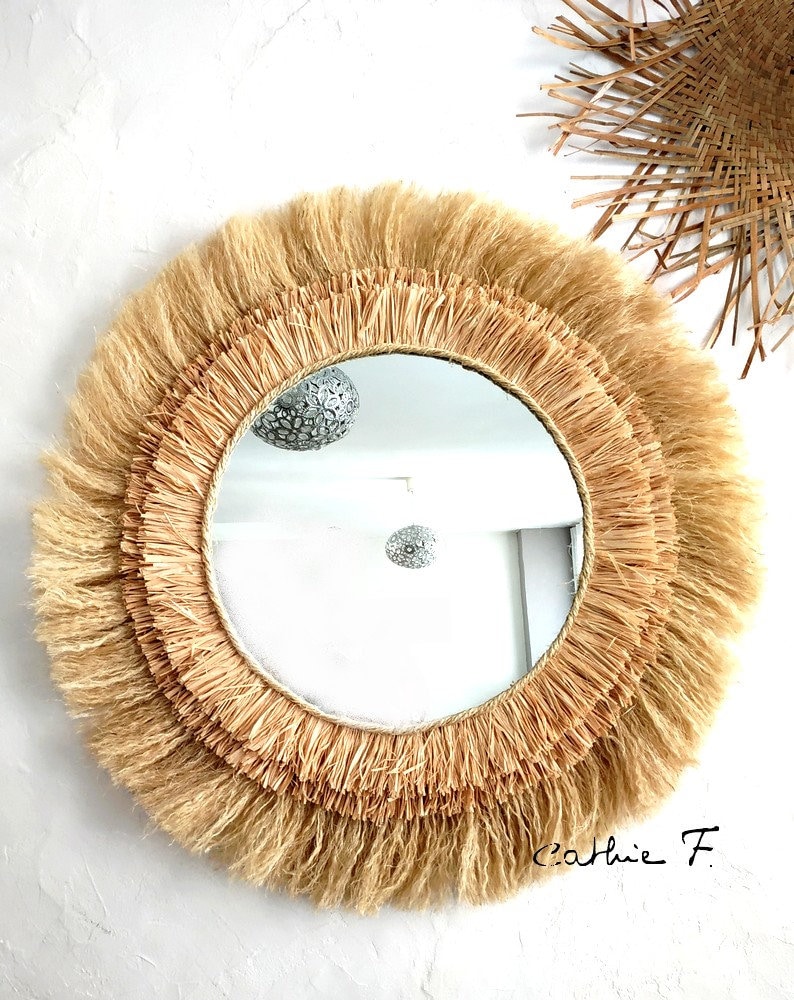 Large ethnic raffia mirror SOLEIA 80 image 1