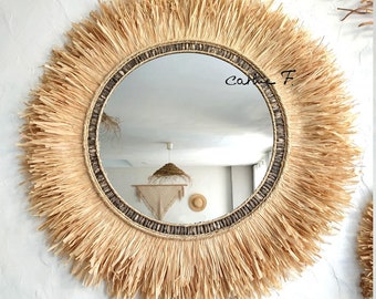 Large handmade raffia and seed mirror | SIMONIA boho wall mirror | Handcrafted wall decor inspired by Corsica and Provence