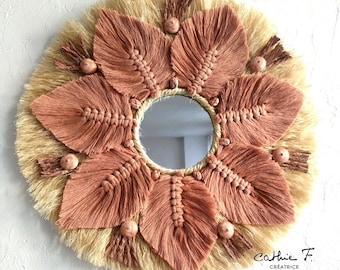 Miroir en fibres décoré avec macramé beige rosé AUTUMN 38