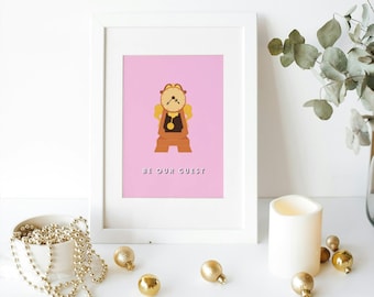Beauty and The Beast Clock Print: Pastel Pink 'Be Our Guest' Quote Art
