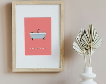 Pastel Red Bath Tub Print: "Happy Place" Quote Art