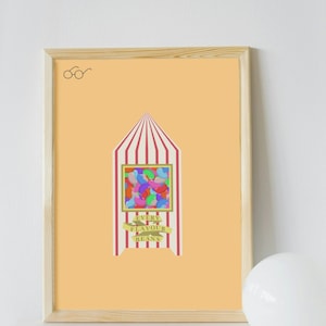 May include: A framed print of a red and white striped tent with a window showing a variety of colourful jelly beans. The text "Every Flavour Beans" is written in gold on a banner below the window.
