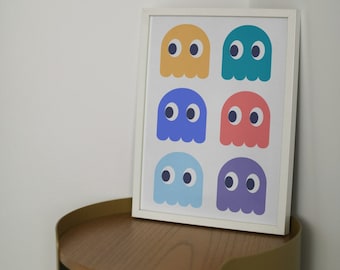 Retro Pacman Ghost Print: Colorful Gaming Wall Art