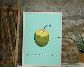Coconut Cocktail Print: "Sip Back & Relax" Quote, Pastel Green Wall Art