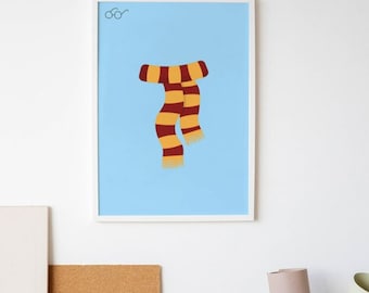 Gryffindor Scarf Art Print, Pastel Blue Background, Home Decor