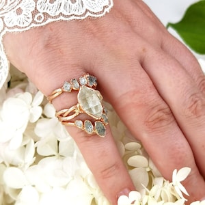 Herkimer diamond ring set, handmade jewelry, alternative engagement ring, bridal set, raw crystal ring set, wedding set, promise ring set