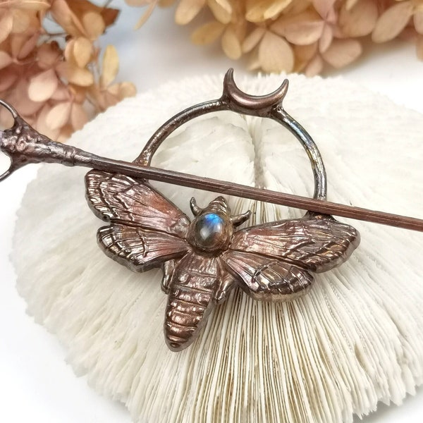 Cicada hair brooch with labradorite, cicada hair barrette, decorative hair accessory with insects, hair fork, hair comb, hair stick